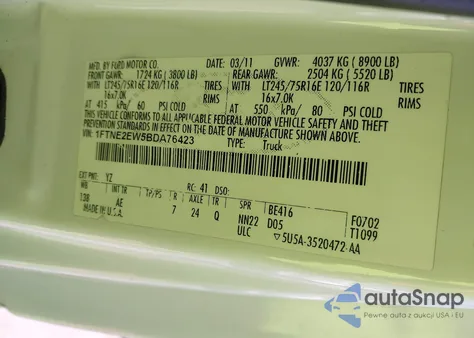 2011 Ford E-250 Commercial z USA, uszkodzony, nr VIN 1FTNE2EW5BDA76423